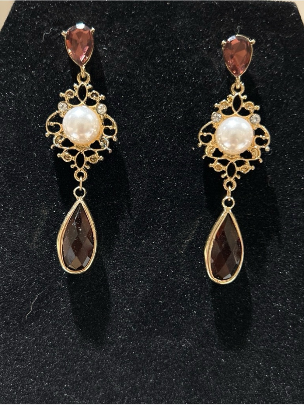 Gold Filigree Pearl Drop Earrings with Smoky Teardrops - Brown & White